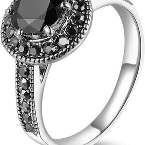 Sterling-Style Silver Ring with Black Center and Halo